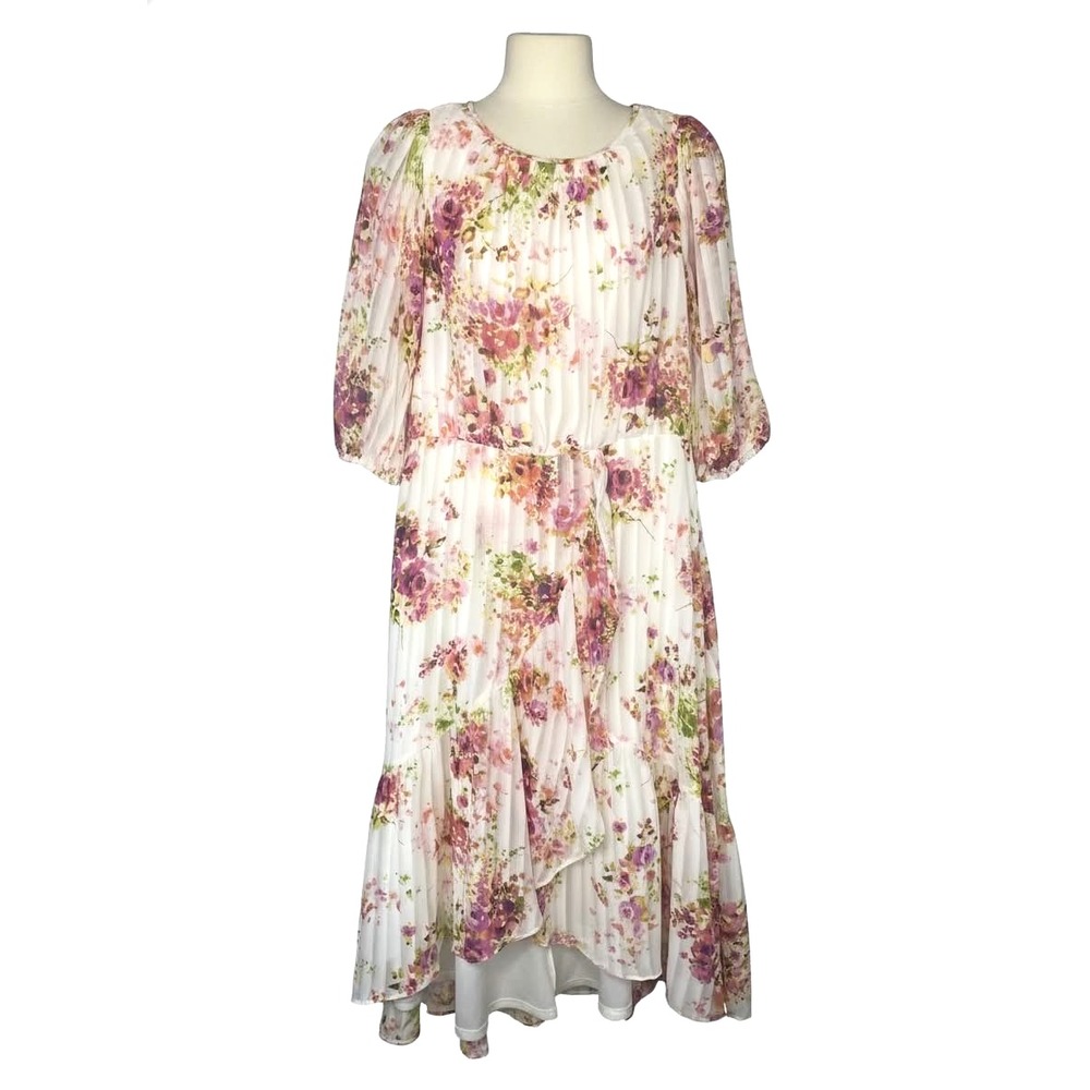 Maison Tara Fit & Flare Dress Floral Lace Pink Long Balloon Sleeve romantic chic